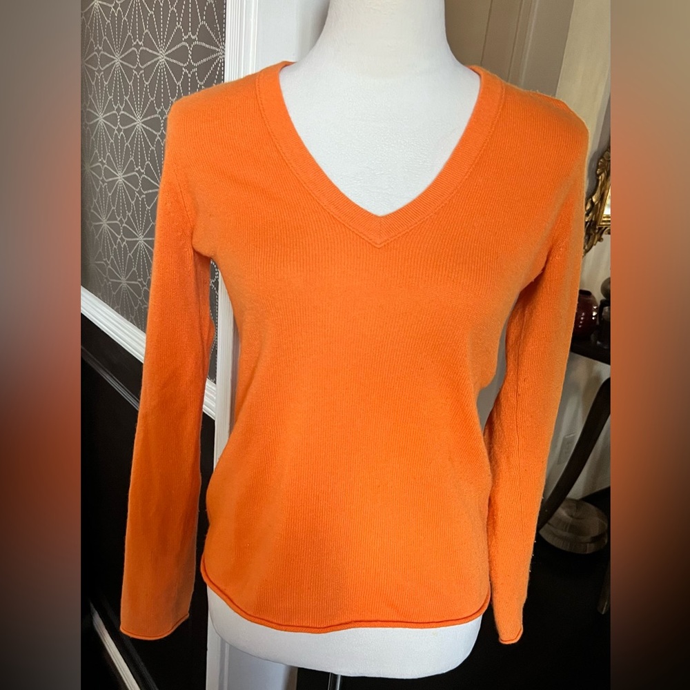 J. Crew Cashmere V-Neck Sweater, size M. Pumpkin Orange, good condition.